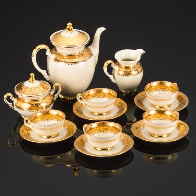 купить Сервиз кофейный на 6 персон, уркашенный зологченым цветочным декором, фарфор, золочение, Mitterteich Bavaria, Бавария, 1931-1945 гг.