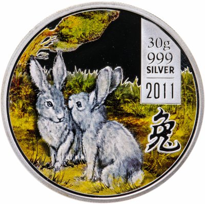 купить Острова Кука 5 долларов 2011 Proof "Лунный календарь - Год кролика - 2 зайца" в футляре с сертификатом