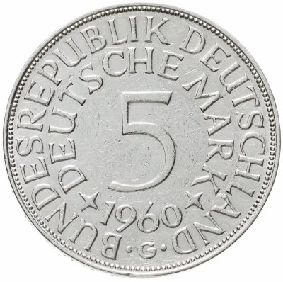 купить Германия (ФРГ) 5 марок 1960 Знак монетного двора: "G" - Карлсруэ