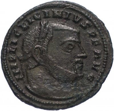 купить Римская Империя Лициний I 308–324 гг фоллис (реверс: Юпитер держит Викторию на шаре, внизу орел с венком)