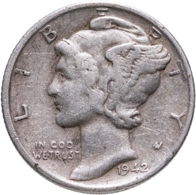 купить США 10 центов (дайм, one dime) 1942 S Mercury Dime (дайм «Меркурий») знак монетного двора "S" - Сан-Франциско