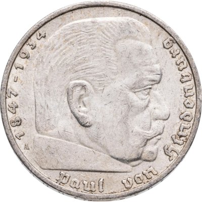 купить Германия 5 рейхсмарок 1936 A орёл без свастики, Пауль фон Гинденбург
