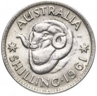 Купить Австралия 1 шиллинг (shilling) 1955-1963, случайная дата, серебро 500 пробы 5,65 г.