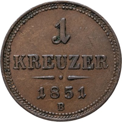 купить Австрия 1 крейцер (kreuzer) 1851, знак монетного двора "B" - Кремница