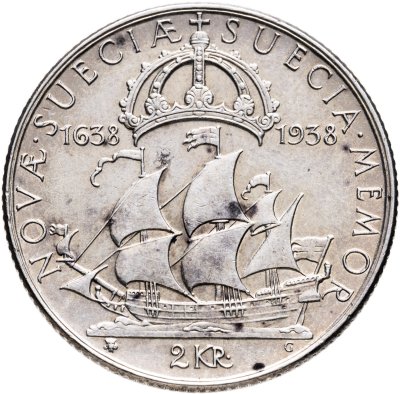 купить Швеция 2 кроны 1938 "300 лет поселению Делавэр"
