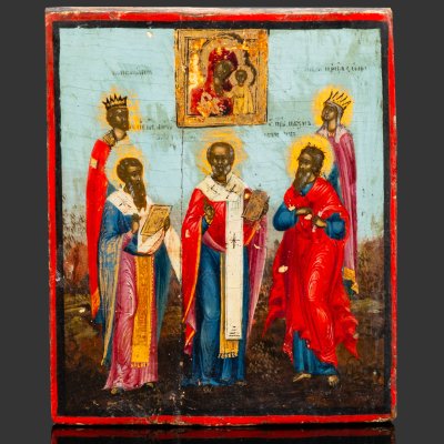 купить Икона "Избранные святые перед Казанского Богородицы: Св. равноапостольные царь Константин и царица Елена, Св. Антип, Св. Николай Чудотворец, Св. прп. Наум), дерево, темпера, Российская империя, 1880-1915 гг.