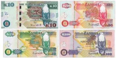 купить Замбия набор из 4 банкнот 10, 20, 50, 100 квача "Попугаи" 1992-2020