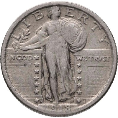 купить США 25 центов (квотер, 1/4 доллара, quarter dollar) 1918 "Standing Liberty Quarter" Без отметки монетного двора
