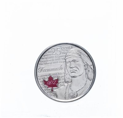 купить Канада 25 центов (cents) 2012 "Война 1812 года - Вождь Шайенов Текумсе" (Цветная, в запайке)