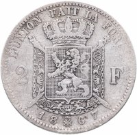 Купить Бельгия 2 франка (francs) 1867