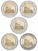 Купить Германия полный комплект 2 евро 2011 "Кёльнский собор, Северный Рейн — Вестфалия", дворы A, D, F, G, J