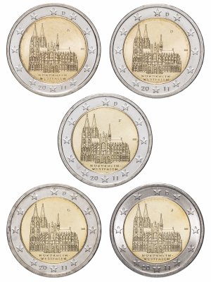купить Германия полный комплект 2 евро 2011 "Кёльнский собор, Северный Рейн — Вестфалия", дворы A, D, F, G, J