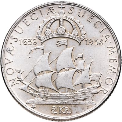 купить Швеция 2 кроны 1938 "300 лет поселению Делавэр"