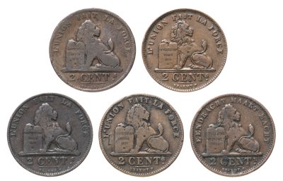 купить Бельгия набор из 5 монет 2 сантима (centimes) 1870-1919