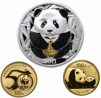 Купить Китай 100 юаней 2011 набор из 2-х монет и медали "50 лет Панде", в футляре с сертификатом Редкость