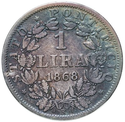 купить Папская область 1 лира (lira) 1868 Надпись "PIVS·IX·PON· M·A·XXIII" на аверсе