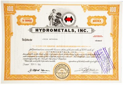 купить Акция США HYDROMETALS, INC. 1964-1967 гг.