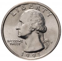 Купить США 25 центов (квотер, 1/4 доллара, quarter dollar) 1991