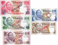 купить Ботсвана набор образцов (specimen) 1,2,5,10,20 пула 1976-1979 (Pick CS1) (с одинаковым номером-007903 и сертификатом)
