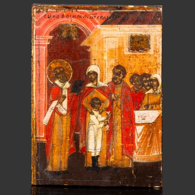 купить Икона "Возвращение Агрикова сына Василия из сарацинского плена" из жития Николая Чудотворца, дерево, темпера, Российская империя, 1850-1900 гг.