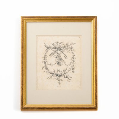 купить Гравюра по рисунку Пьера-Габриеля Берто (Berthault, Pierre-Gabriel, 1737-1831 гг.) с изображением декоративной композиции в виде цветочной гирлянды, лиры и кадуцея в паспарту и застеклённой раме, бумага, печать (гравюра на металле), картон, багет, Издание Жак-Франсуа Шеро (Jacques-François Chéreau), Франция, 1770-1820 гг.