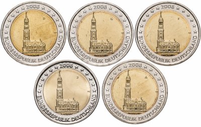 купить Германия полный комплект 2 евро 2008 Гамбург все дворы