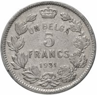 Купить Бельгия 5 франков (francs) 1931 Надпись на французском - 'ALBERT ROI DES BELGES'