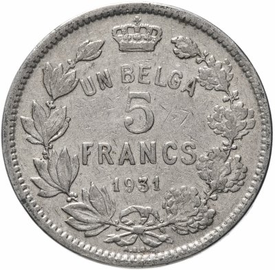 купить Бельгия 5 франков (francs) 1931 Надпись на французском - 'ALBERT ROI DES BELGES'