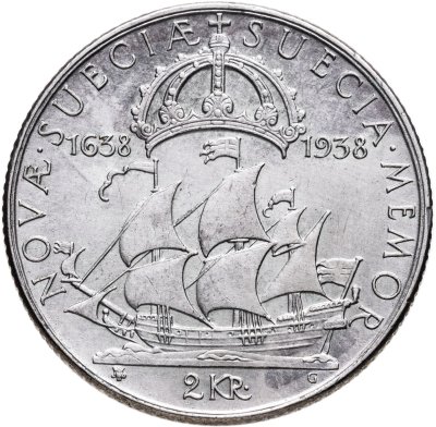 купить Швеция 2 кроны 1938 "300 лет поселению Делавэр"