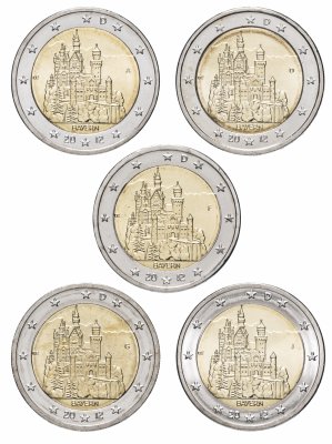 купить Германия полный комплект 2 евро 2012 "Замок Нойшванштайн Бавария комплект", дворы A, D, F, G, J