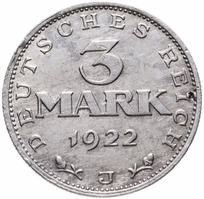 купить Германия (Веймарская республика) 3 марки 1922 "3-я годовщина Веймарской конституции" знак монетного двора "J" — Гамбург