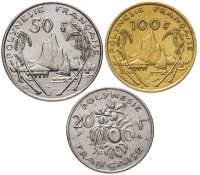 Купить Французская Полинезия набор из 3-х монет 20, 50 и 100 франков 1967-2019, случайная дата