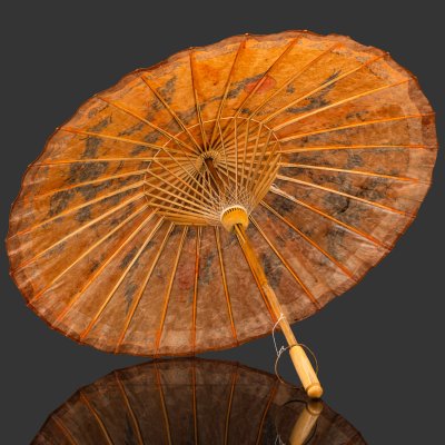 купить Зонтик солнцезащитный с изображением деревьев и птиц на куполе, бумага, роспись, бамбук, Китай, 1950-1970 гг.