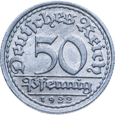 купить Германия (Веймарская республика) 50 пфеннигов (pfennig) 1922 F знак монетного двора "F" — Штутгарт
