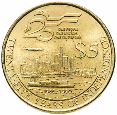 купить Сингапур 5 долларов 1990 25 лет Независимости