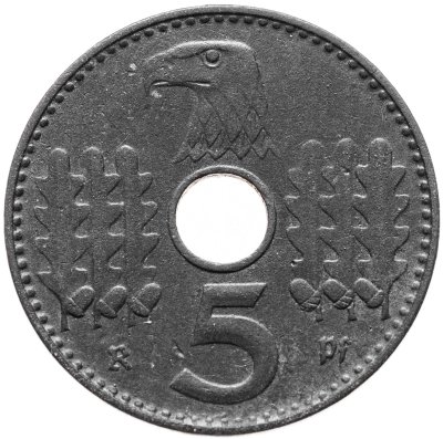 купить Германия Третий рейх 5 рейхспфеннигов 1940 для оккупированных территорий, знак монетного двора: "А"