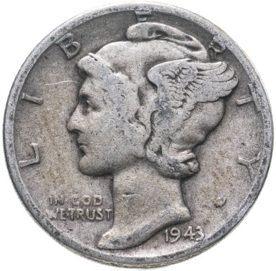купить США 10 центов (дайм, one dime) 1943 Mercury Dime (дайм «Меркурий») без знака монетного двора