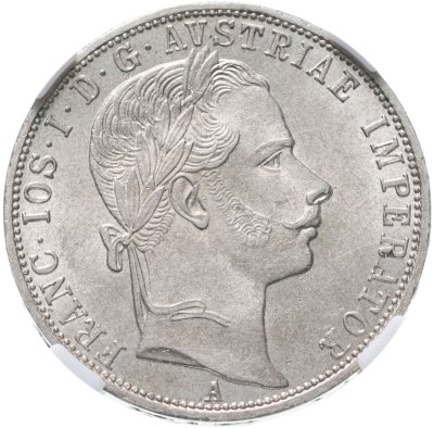 купить Австрия 1 флорин (florin) 1860, Знак монетного двора "A" - Вена, в слабе ННР MS63