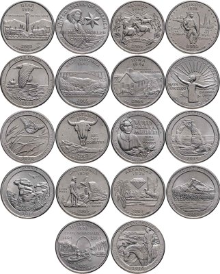 купить США набор монет 1/4 доллара (25 центов, квотер) 2003-2022 из серии "Прекрасная Америка" национальные парки (18 штук)