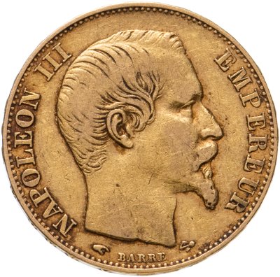 купить Франция 20 франков (francs) 1855 с портретом Императора Наполеона III