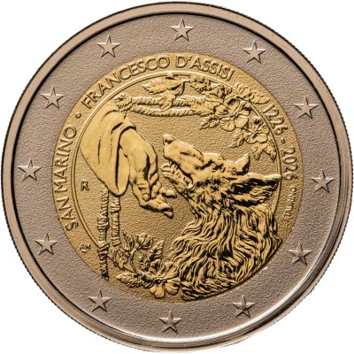 купить Сан-Марино 2 евро 2026 reverse proof "Франциск Ассизский - встреча святого с волком из Губбио" в футляре с сертификатом