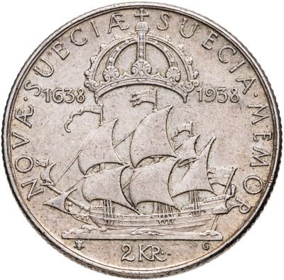 купить Швеция 2 кроны 1938 "300 лет поселению Делавэр"