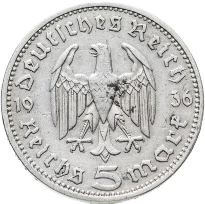 купить Германия, Третий рейх 5 рейхсмарок (reichsmark) 1936 Гинденбург, без свастики