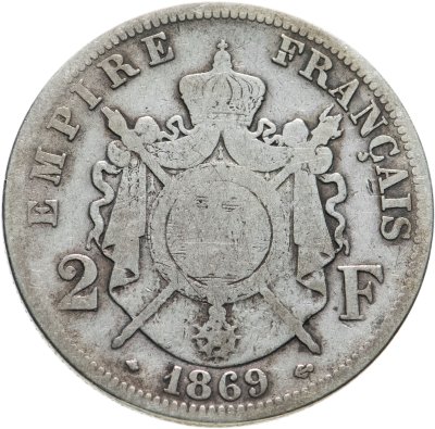 купить Франция 2 франка (francs) 1869, знак монетного двора: "A" - Париж