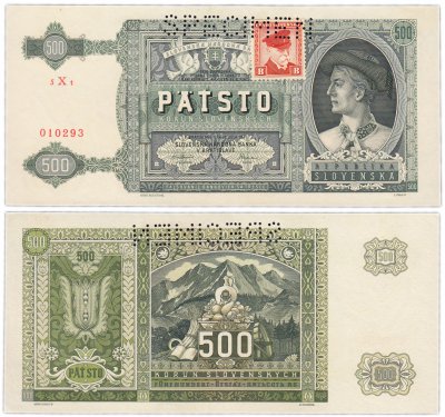 купить Чехословакия 500 крон 1945 (Pick 54) Марка на банкноте Словакии 1941 (перфорация SPECIMEN)