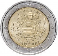Купить Нидерланды 2 евро 2012 "10 лет евро"