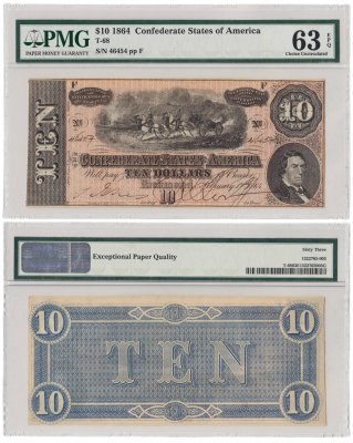 купить США, Конфедераты (Конфедеративные штаты Америки - КША), 10 долларов 1864 времен Гражданской войны в США, в слабе PMG 64 EPQ (excellent paper quality)