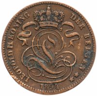 Купить Бельгия 1 сантим (centime) 1894 Надпись на голландском - 'DER BELGEN'