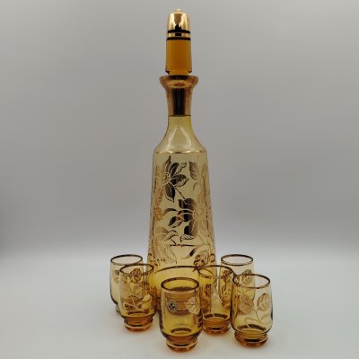 купить Набор для крепких напитков с цветочным декором (штоф, 6 стопок), Borocrystal, стекло, золочение, Чехословакия, 1950-1970 гг.