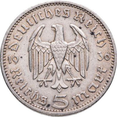 купить Германия 5 рейхсмарок 1936 A орёл без свастики, Пауль фон Гинденбург